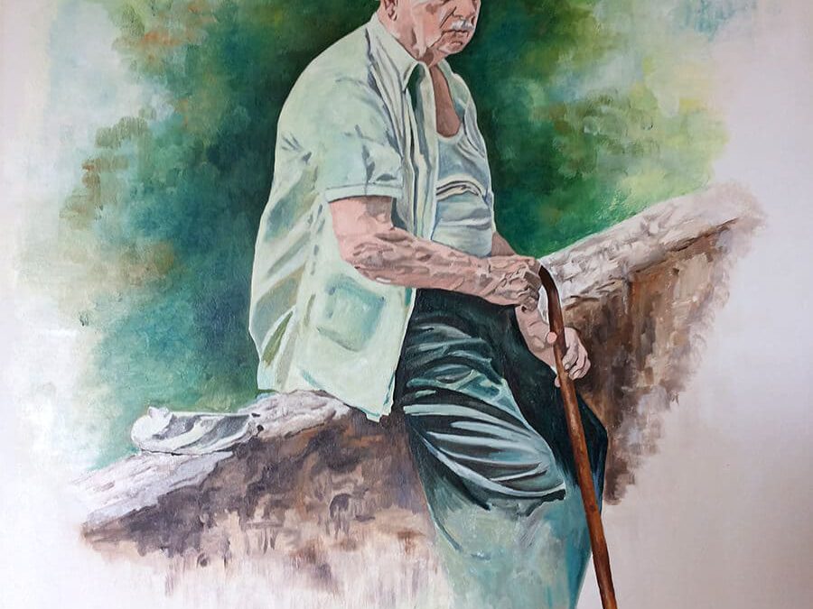 Anziano con bastone (olio su tela 50×70)