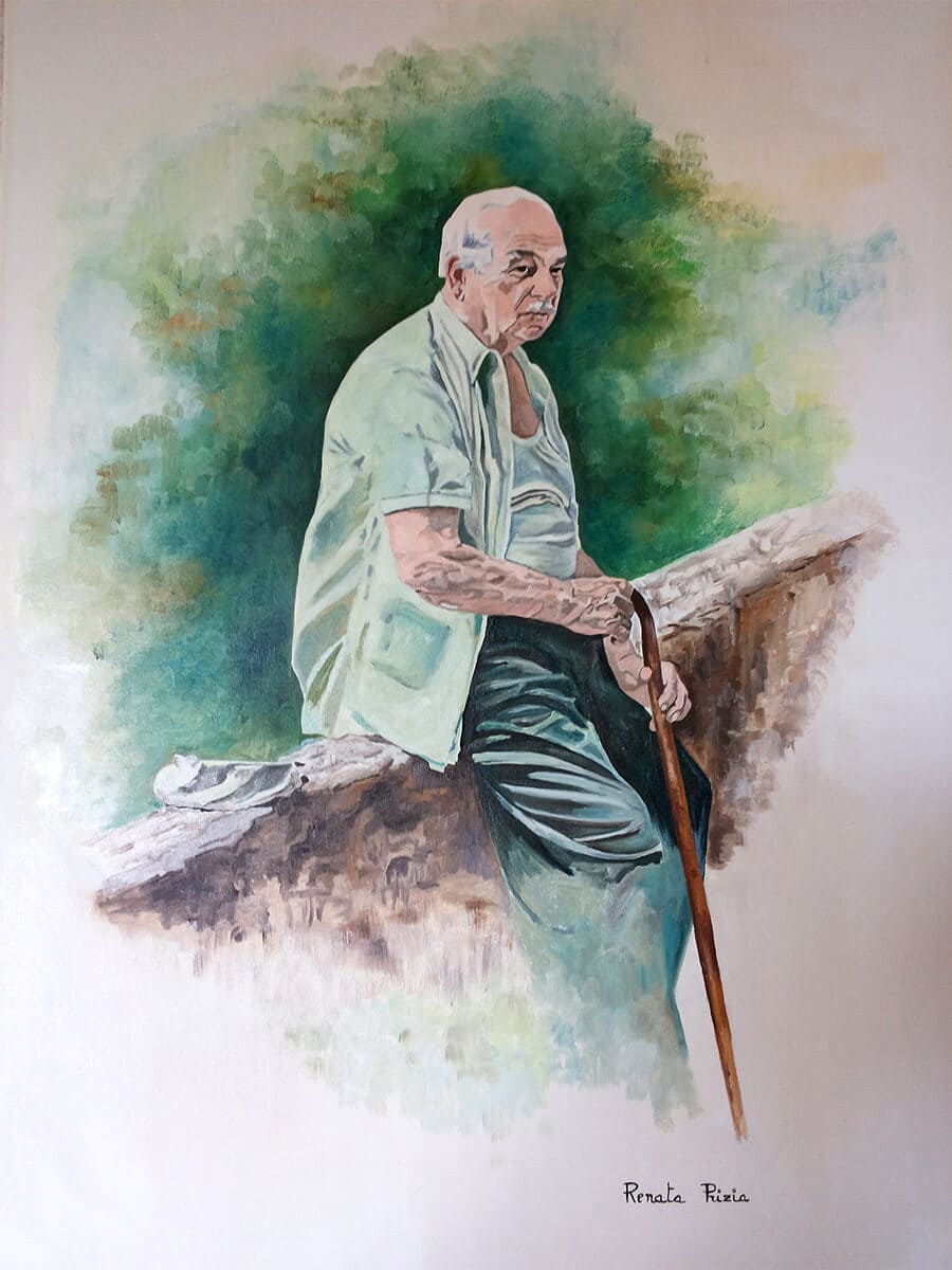 Anziano con bastone (olio su tela 50×70)