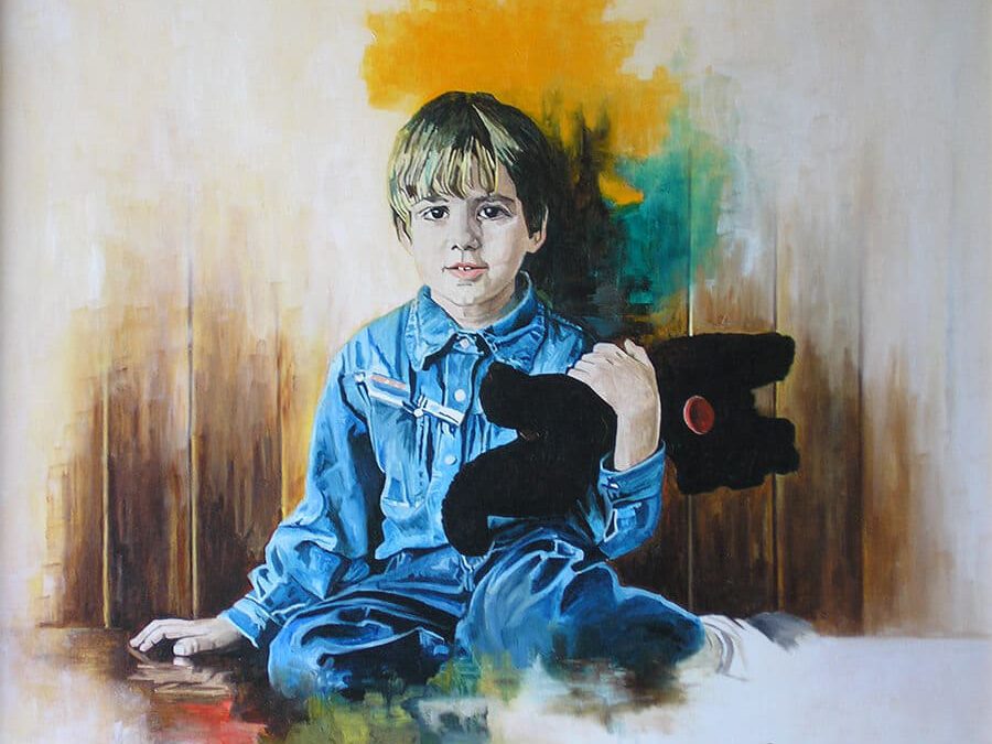 Bambino con pelouche (olio su tela 50×60)
