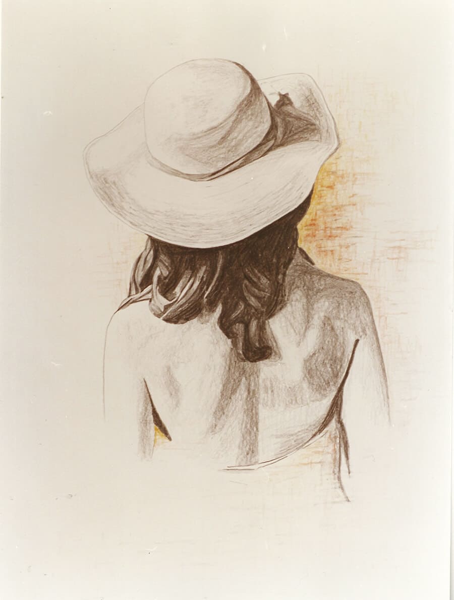 Donna con cappello (matite, tecnica mista)