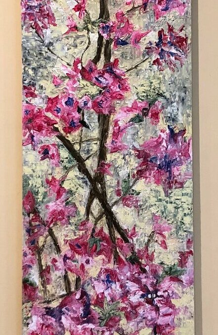 Rami in fiore (olio su tavola di legno 136×26)